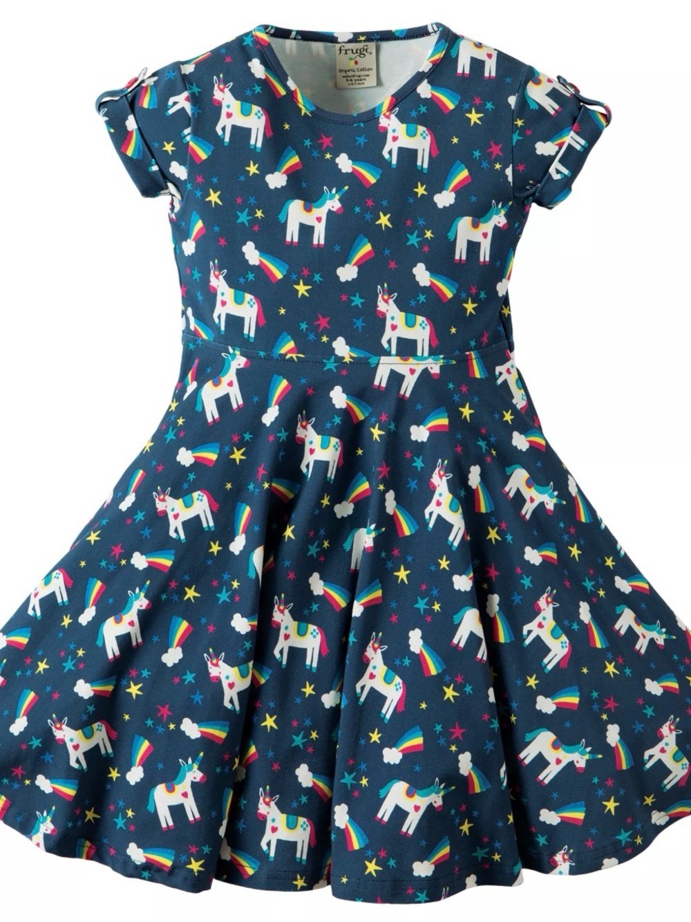 Frugi Navy Rainbow Unicorn Print Twirl Dress Sz 6-7